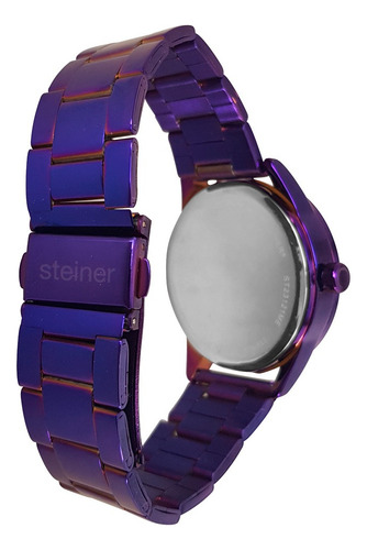 Reloj Steiner Análogo Extensible Acero Inoxidable 3atm Dama Correa Morado Bisel Gris Fondo Morado