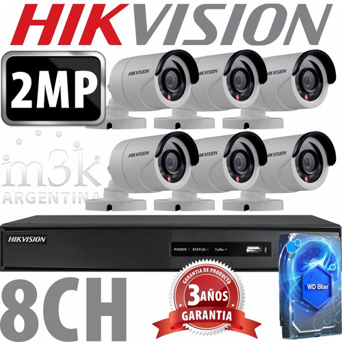 Kit Seguridad Hikvision Full Hd Dvr 8 + Disco 1 Tb Instalado + 6 Camaras 2mp 1080p Exterior Infrarrojas + Ip M3k