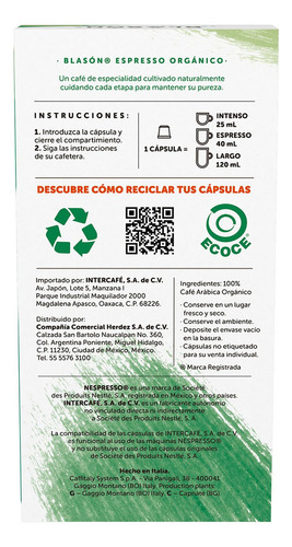 Cápsulas De Café Blasón Espresso Orgánico 10 Cápsulas