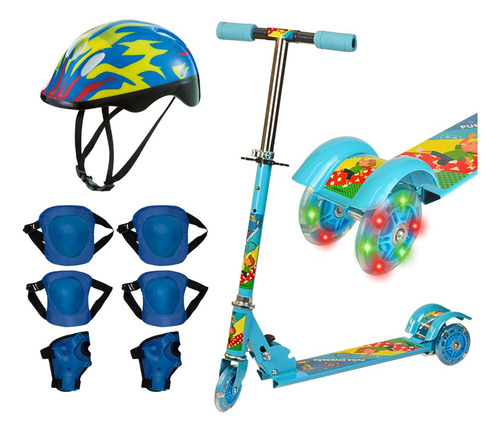 Patinete Led Infantil Menino Azul C/ Kit Proteção Capacete