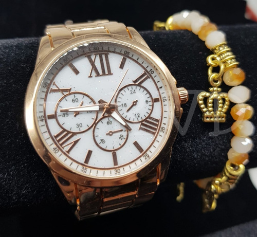 Relógio Feminino Dourado E Prata + Linda Pulseira Com Strass