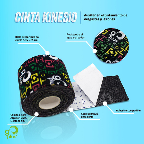 Cinta Kinesiológica Negra Diseño Go Plus 5m