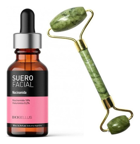 Kit Rodillo Masajeador De Jade + Suero Facial Biobellus 