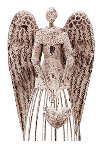 Estatua De Ángel De Jardín De Metal Antiguo Con Corazón, Dec