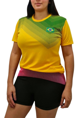 Camiseta Feminina Do Brasil Amarela Regia Em Dry Max