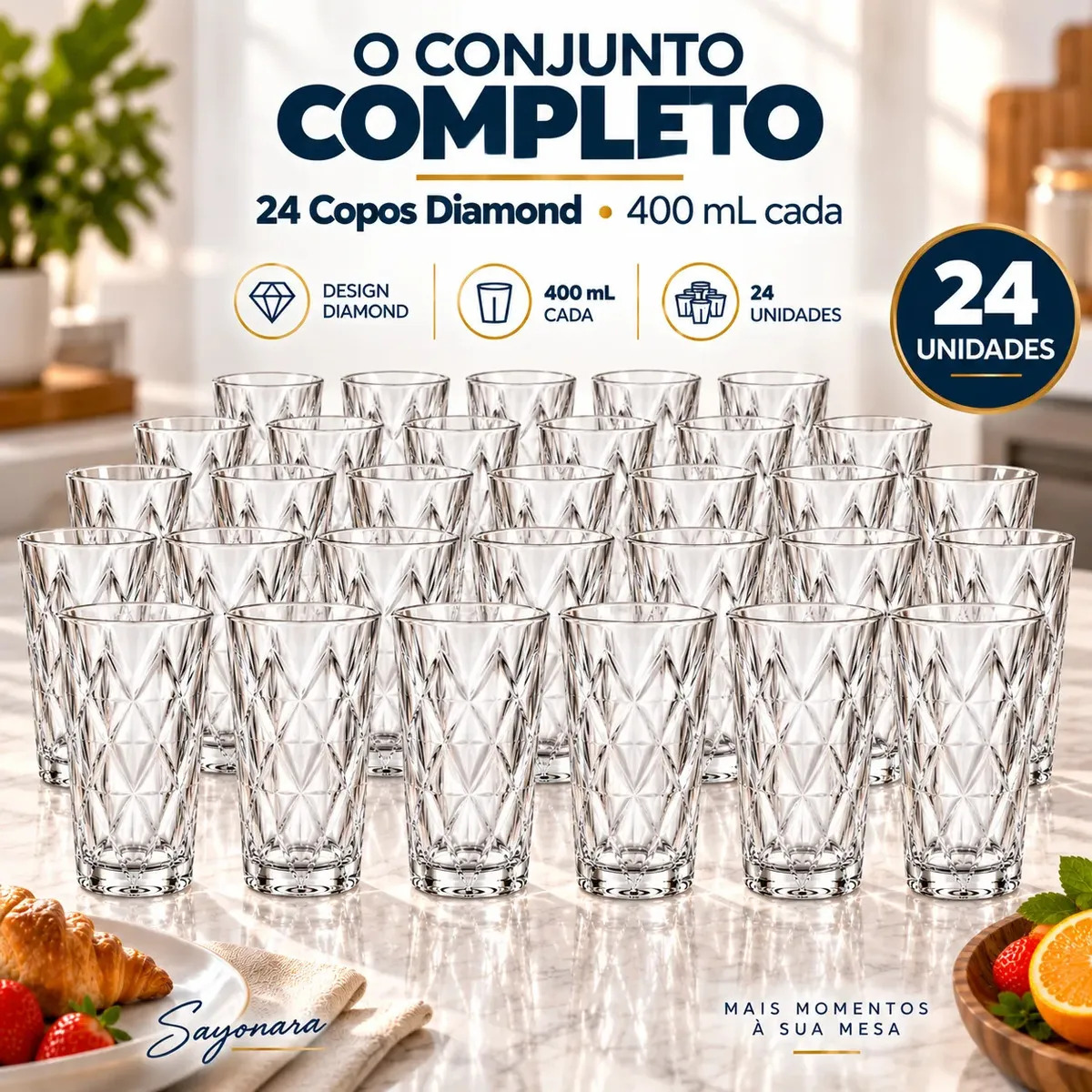 Jogo De Copos Diamante Longo 400ml Sayonara Conjunto 24 copo de Vidro Grosso Facetado Resistente Whisky Suco Drink Água Bar