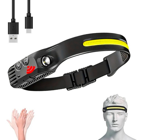 Linterna Fontal Cabeza Led Cintillo C/sensor Recargable Usb Linterna Negro Luz Blanco