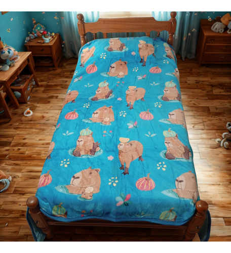 Frazada Infantil Personajes Plush Y Corderito 1 1/2 Plaza Carpincho Celeste