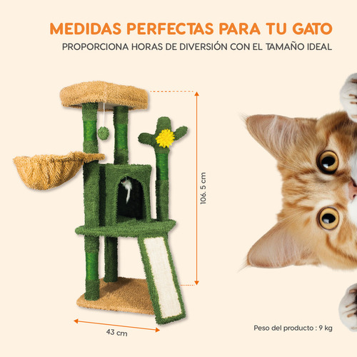 Torre árbol rascador hamaca y cactus para gatos 109 cm Poli Pets pp-mr01bk-bombay color verde