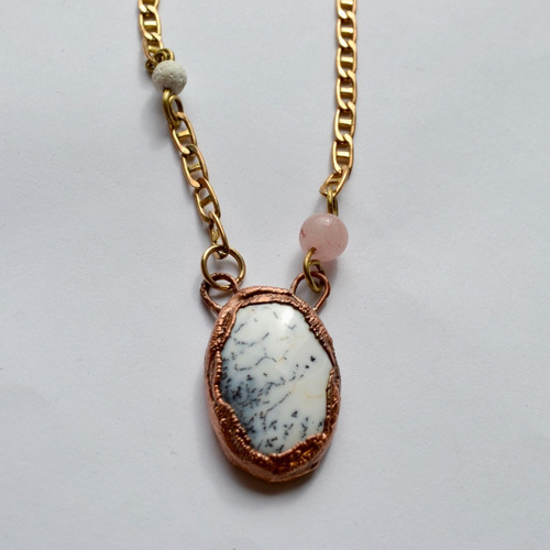 Collar De Piedras Agata, Cuarzo Rosa Y Coral Blanco, Cod1