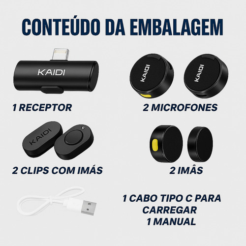 Microfone Lapela Redondo Imã Sem Fio Preto Duplo Anti Ruído