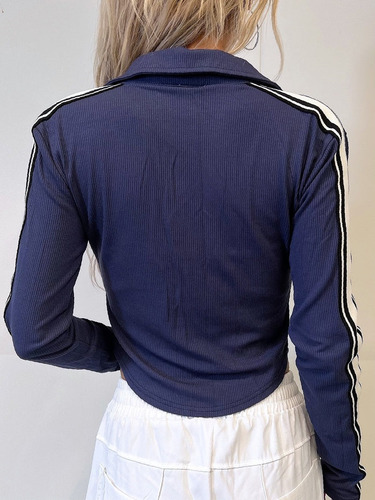 Campera Primavera Moderna Azul Con Rayas Blancas Mujer Xl