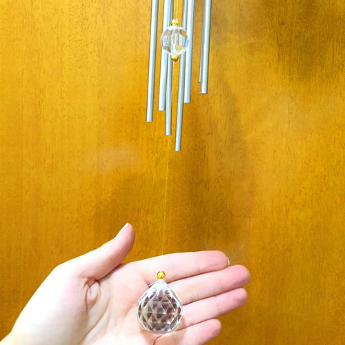 Mobile Sino Dos Ventos Com Cristal Prisma Feng Shui Metal Alumínio Mensageiro Espanta Espíritos Barulho Senhor 40cm
