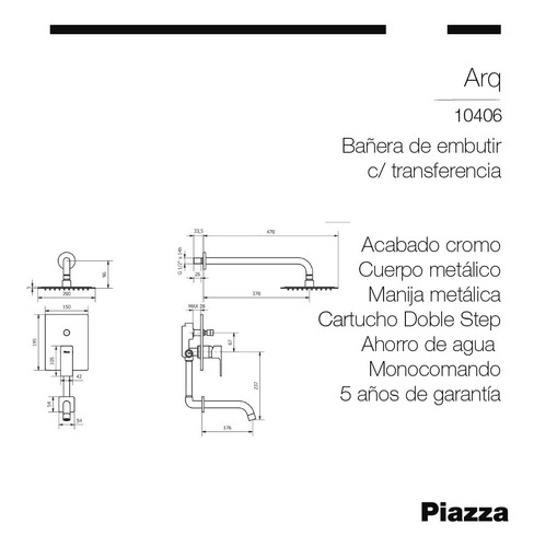 Imagen 5 de 7 de Grifería De Ducha Y Bañera Piazza Arq 10406 Acabado Cromado
