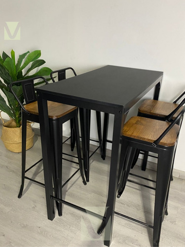 Comedor Alto Mesa De Bar Rectangular Y 4 Taburete Tolix 77cm