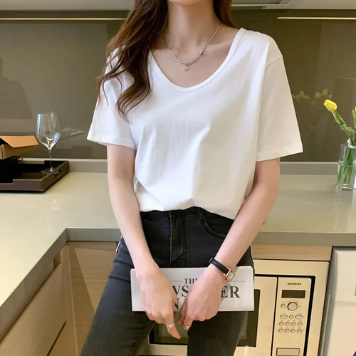 Camiseta Holgada Con Cuello En U Para Mujer De Manga Corta D