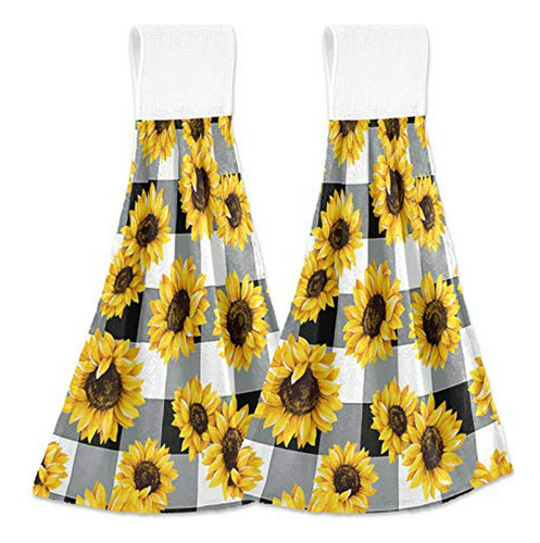 Sunflower Pattern Hanging Kitchen Towels 2 Pieces Black Whit