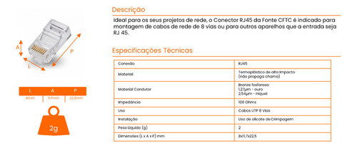 Kit 100 Conector Rj45 Utp Cat5e Banho De Ouro Cabo De Rede Até 1 Gigabit 100mhz