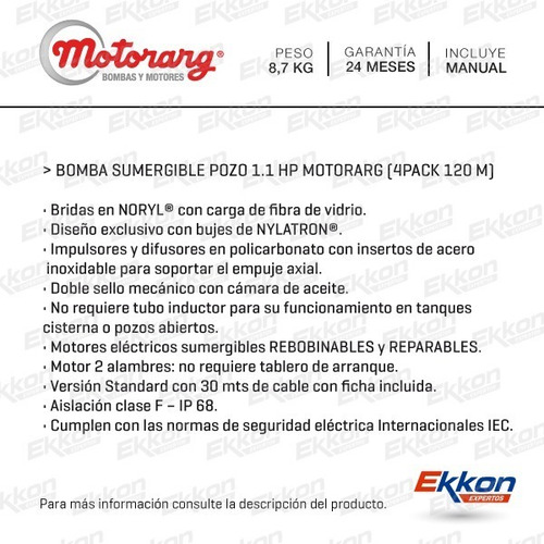 Bomba Agua Sumergible Pozo Motorarg 4pack 120m Incluye Cable