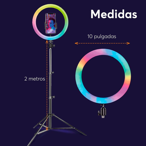 Aro De Luz Led Rgb 10 Con Trípode Abatible De 2m Y Soporte