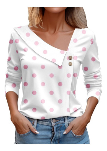 Camiseta W Tops De Manga Larga Con Cuello En V Y Botones Est