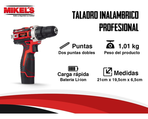 Imagen 2 de 5 de Taladro Inalámbrico Profesional 12v Mikel´s Ideal Para Casa