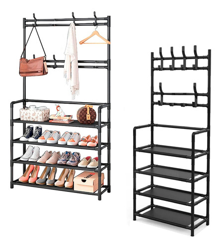 Mueble Organizador De Ropa Zapatera Perchero 4 Niveles Color Negro