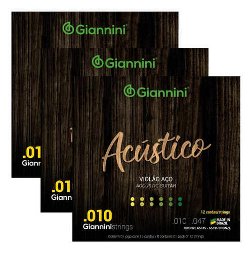 Kit 3 Encordoamento Violão Giannini Acústico Geswa12 65/35