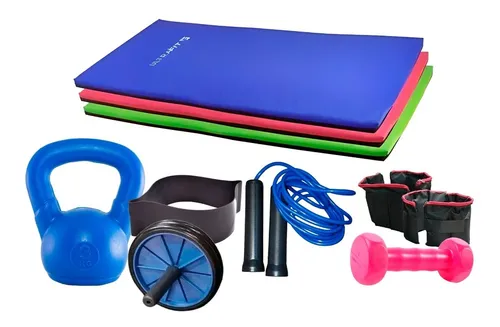 Kit Entrena Colchoneta Pesas Rueda Banda Soga Tobilleras Gym