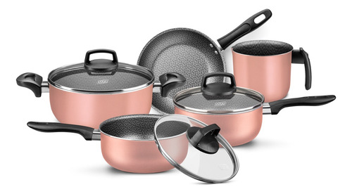 Batería Cocina Olla Cacerola Aluminio Teflón Madri 5p Mta Color Rosa