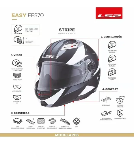 Casco Ls2 Rebatible 370 Stripe Negro Blanco Doble Visor Fas