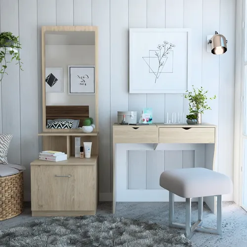 Mueble De Tocador + Velador Espejo - Rovere / Blanco
