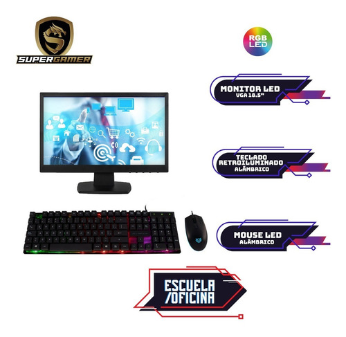 Imagen 3 de 6 de Pc Supergamer Basic Escolar Amd E1-6010 8gb Ddr4 Monitor 18