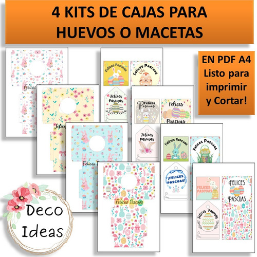 Imagen 2 de 6 de Kit Imprimible 04 Pascuas Caja Porta Huevo O Maceta + Tag