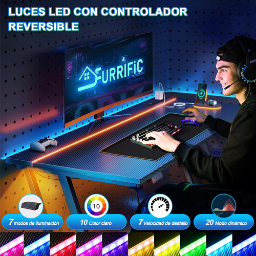 FURRIFIC Escritorio Gamer Ajustable RGB LED 100x50cm Base Z Estable con 2 Enchufes + 2 USB, Portavasos y Soporte Auriculares | Mesa PC Gaming