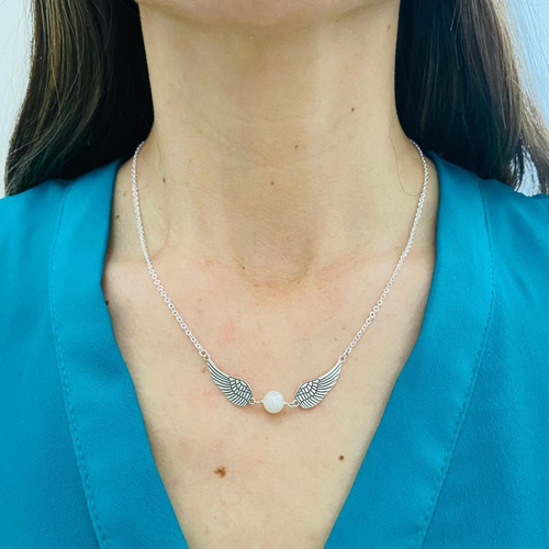 Imagen 5 de 9 de Collar Alas Y Perla Plata .925 Mujer Agálea Joyería