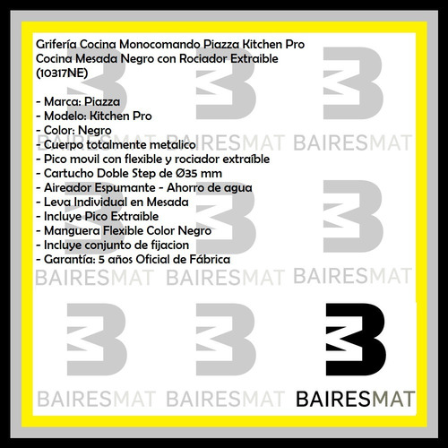 Imagen 3 de 5 de Grifo Monocomando Cocina Flexible Piazza Kitchen Pro 10317ne