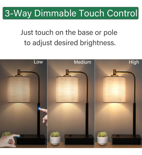 Lámpara De Mesa Táctil 3 Vías Regulable Con Usb Y Tomacorrie