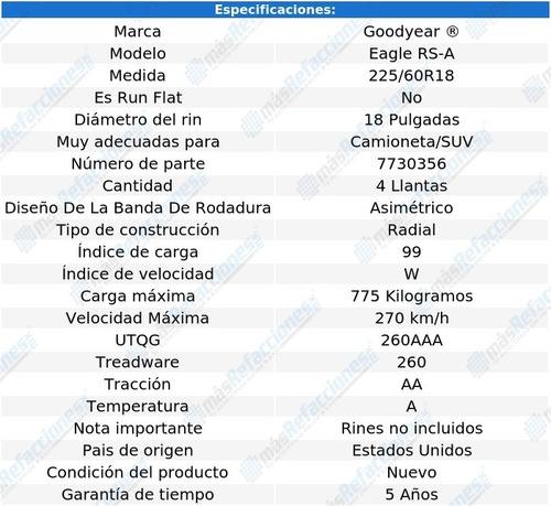 Kit De 4 Llantas 225/60r18 99w Goodyear Eagle Rs-a