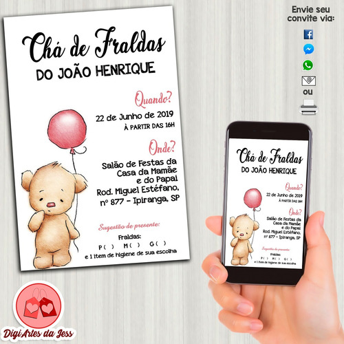 Imagem 1 de 2 de Convite Digital - Chá De Bebê/fraldas Urso / Ursinho #002