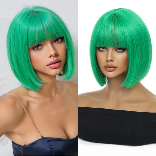 Peluca Corta De Cosplay Verde Natural Para Mujer