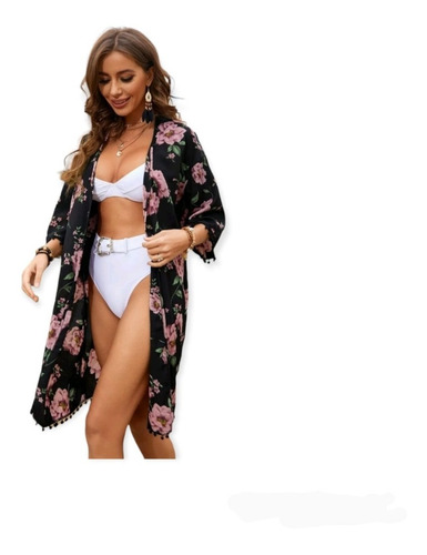 Kimono Ribete Con Pompón Con Estampado De Flor Playa T191