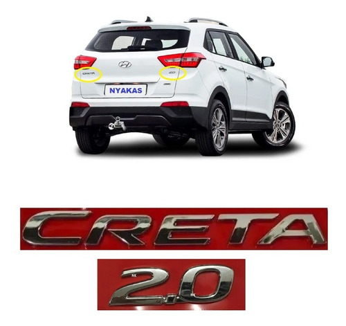 Kit Emblema Letreiro Mala Hyundai Creta + 2.0 Cromados 2 Pcs