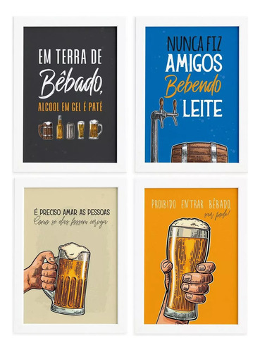 Quadros Com Frases Cerveja Moldura Branca 33x43cm Kit 4un