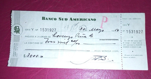 Cheque Antiguo Banco Sudamericano Año 1950.