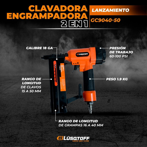 Clavadora Engrapadora Neumatica Lusqtoff GC9040-50 Calibre 18Ga 60-100PSI