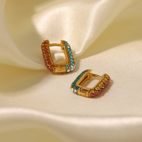 Aretes Arracadas Rectangular Multicolor Rainbow Baño Oro 18k