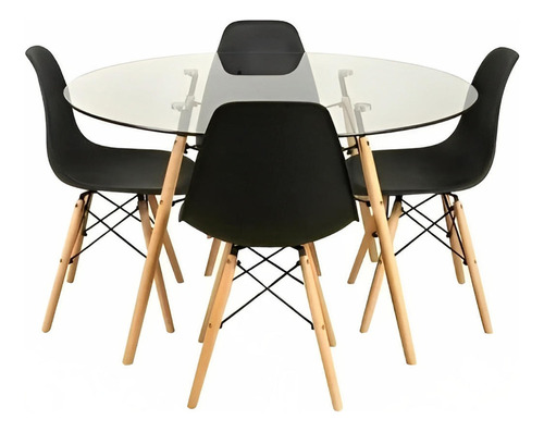 Comedor Mesa Eames Vidrio 100cm + 4 Sillas Eames Negras