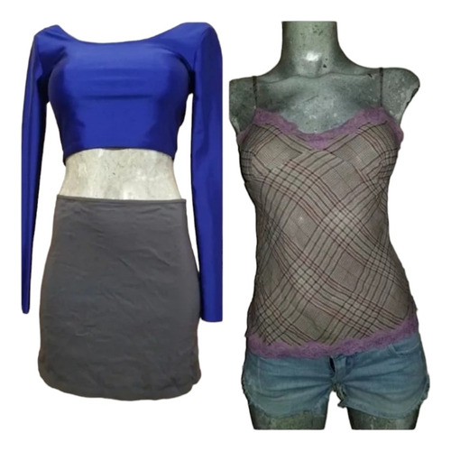 Duo Falda Corta Zara Basic Gris + Blusa Express Con Encaje (Usado)