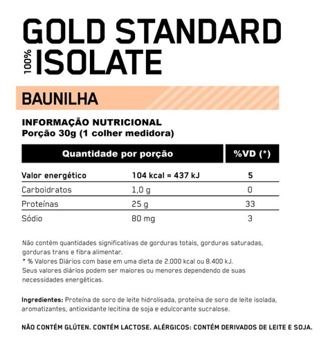Gold Standard 100% Whey Isolate 1.32kg On Optimum Nutrition Sabor Baunilha